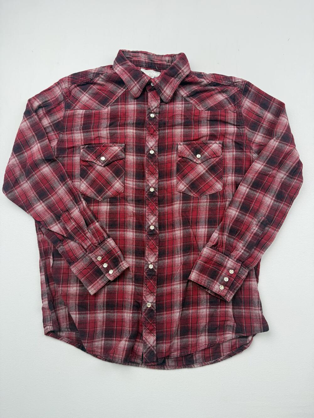 Wrangler Wrancher Shirt Mens Red Plaid Long Sleeve Western Snap Flannel Read